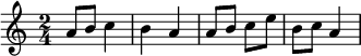 \relative c''{ \set Staff.midiInstrument = #"oboe" \clef treble \numericTimeSignature \time 2/4 \set Score.tempoHideNote = ##t \tempo 4 = 120 a8 b8 c4 b4 a4 a8 b8 c8 e8 b8 c8 a4 }