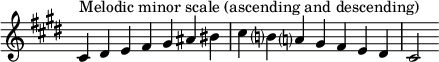 { \omit Score.TimeSignature \relative c' { \key cis \minor \time 7/4 cis^"メロディックマイナースケール(上昇と下降)" dis e fis gis ais bis cis b? a? gis fis e dis cis2 } }