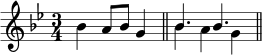\new Staff << \mergeDifferentlyHeadedOn \mergeDifferentlyDottedOn \new voice \relative c'' { \set Score.tempoHideNote = ##t \tempo 4 = 136 \key g \minor \time 3/4 bes4 a8 bes g4 \bar "||" \stemDown bes4 ag \bar "||" } \new voice \relative c'' { s2. \stemUp bes4. bes } >>