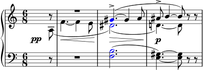  { \new PianoStaff << \new Staff << \new Voice \relative c'' { \clef treble \key a \minor \time 6/8 \voiceOne \partial8 b8\rest R2. \once \override NoteHead.color = #red gis4.->(~ gis4 a8 ais8-> b4~ b8) \oneVoice rr } \new Voice \relative c' { \override DynamicLineSpanner.staff-padding = #4.5 \once \override DynamicText.X-offset = #-5 \voiceTwo \partial8 a\pp( f'4.~\< f4 e8 \once \override NoteHead.color = #red dis2.)(\> d!4.)~\p d8 } >> \new Staff << \relative c { \clef bass \key a \minor \time 6/8 \partial8 r8 R2. \once \override NoteHead.color = #red <f b>2.( <e gis>4.)~ <e gis>8 rr } >> >> } 