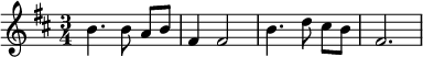 \relative { \key b \minor \time 3/4 b'4. b8\noBeam ab fis4 fis2 b4. d8\noBeam cis b fis2. }