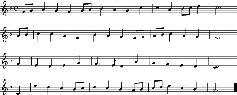 \new 譜面 << \clef treble \key f \major { \time 4/4 \partial 4 \relative f' { f8 g | a4 gf g8 a | bes4 agc | ca bes8 c d4 | c2. \bar"" \break a8 bes | c4 caf | bes ag f8 g | a bes c4 ag | f2. \bar"" \break f4 | edeg | f4. e8 d4 a' | gfed | c2. \bar"" \break c4 | c' bes a g8 a | bes4 ag f8 g | a bes c4 ag | f2. \bar"|." } } %\new 歌詞 \lyricmode { %} >> \layout { indent = #0 } \midi { \tempo 4 = 86 }