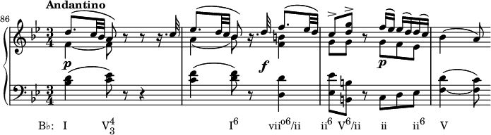 { #(set-global-staff-size 15) \override Score.SpacingSpanner.uniform-stretching = ##t \set Score.proportionalNotationDuration = #(ly:make-moment 1/8) \new PianoStaff << \new Staff << \new Voice \relative c'' { \override DynamicLineSpanner.staff-padding = #4 \set Score.currentBarNumber = #86 \bar "" \tempo "Andantino" \key bes \major \time 3/4 \stemUp d8.^( c32 bes a8) rr r16. c32 es8.^( d32 c bes8) r16. d32\f f8.^( es32 d) c8^> <d g>^> r8 f16^( es) es^( d) d^( c) \stemNeutral bes4( a8) } \new Voice \relative c' { \stemDown f4_~\p f8 s s4 a4_( bes8) s <f b>4 g8 gsg\pf es } >> \new Staff << \new Voice \relative c' { \clef F \key bes \major \time 3/4 <bes d>4(_\markup { \concat { \translate #'(-5.5 . 0) { "B♭: I" \hspace #7 "V" \combine \raise #1 \small 4 \lower #1 \small 3 \hspace #23 "I" \raise #1 \small "6" \hspace #6 "vii" \raise #1 \small "o6" "/ii" \hspace #4 "ii" \raise #1 \small "6" \hspace #1 "V" \raise #1 \small "6" "/ii" \hspace #4 "ii" \hspace #5.2 "ii" \raise #1 \small "6" \hspace #3 "V" } } } <c es>8) r r4 <c f>4( <d f>8) r <d, d'>4 <es es'>8 <b b'> rcd es <f_~ d'>4( <f c'>8) } >> >> }