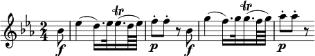 \relative bes' { \key es \major \time 2/4 \partial 8 bes8 \f | es4( d16.) es32 es16.( \trill d64 es) | f8 -. \p f-. r bes, \f g'4( f16.) g32 g16.( \trill f64 g) | as8 -. \p as-. r }