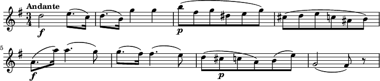 \relative c' { \key g \major \time 3/4 \tempo "Andante" \tempo 4 = 60 d'2\f e8. (c16) d8. (b16) g'4 g b8\p (fis g dis eg) cis,8 (dec ais b) a8.\f (a'16) a4. (g8) g8. (fis16) fis4. (e8) d (cis\pca) b (e) g,2 (fis8) r8 }