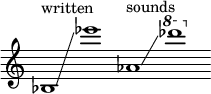 { \new Staff \with { \remove "Time_signature_engraver" } \clef treble \key c \major ^ \markup "written" \cadenzaOn bes1 \glissando ees'''1 aes'1 ^ \markup "sounds" \glissando \ottava #1 des'''1 }