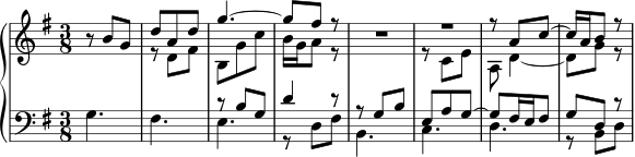 \new PianoStaff << \new Staff << \new Voice \relative c'' { \key g \major \time 3/8 r8 bg | \voiceOne d'8 ad | g4.~ | g8 fis r | \oneVoice R1*3/8 | \voiceOne R1*3/8 | r8 a, c~ | c16 a b8 r | } \new Voice \relative c' { \voiceTwo s4. | r8 d fis | b,8 g' c | b16 g a8 r | s4. | r8 c, e | a,8 d4~ | d8 gr | } >> \new Staff << \new Voice \relative c' { \clef bass \key g \major \voiceOne s4. | s4. | r8 bg | d'4r8 | r8 g、b | e,8ag~ | g8 fis16 e fis8 | g8dr | } \new Voice \relative c' { \voiceTwo g4. |フィス4。 | e4. | r8 d fis | b、4. | c4. | d4. | R8BD | } >> >>