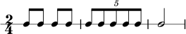 \new RhythmicStaff { \clef percussion \time 2/4 \set Score.tempoHideNote = ##t \tempo 4 = 100 c8 ccc \tuplet 5/4 { c8 cccc } c2 } 