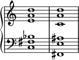 { \override Score.TimeSignature #'stencil = ##f \relative c' { \new PianoStaff << \new Staff { \clef treble \time 4/4 <ea d>1 <c a' d>1 } \new Staff { \clef bass \time 4/4 <c, fis bes>1 <fis, e' ais>1 } >> } }
