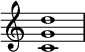 { \override Score.TimeSignature #'stencil = ##f \relative c' { \clef treble \time 4/4 <c g' d'>1 } }
