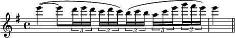 \relative c'''{ \set Staff.midiInstrument = #"violin" \set Score.tempoHideNote = ##t \tempo 4 = 60 \clef treble \key g \major \time 4/4 e4(~ e8 \times 2/3 { d16 ed } \times 2/3 { cd \set stemRightBeamCount = #1 c) } \set stemLeftBeamCount = #1 \times 2/3 { b( cb } \times 2/3 { ac \set stemRightBeamCount = #1 e } \set stemLeftBeamCount = #1 \times 2/3 { g fis e) } e4( \bar "||" }