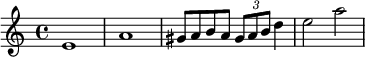 \relative c' {\set Staff.midiInstrument = #"flute" e1 a gis8 aba \times 2/3 {gis ab} d4 e2 a2}