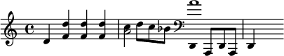 {\set Staff.midiInstrument = #"ミュートトランペット" d' <f' d''>4 <f' d''>4<f' d''>4 <<{a'2} {c''8 d''8 c''8 bes'8}>> <<{a'1} {\set Staff.midiInstrument = #"ティンパニ" \clef bass d,8 a,, d, a,, d,4}>>}