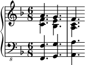 \new PianoStaff << \new Staff << \new Voice \relative c'' { \stemUp \clef treble \key f \major \time 6/8 a4. gf } \new Voice \relative c' { \stemDown <c f>4. <bes e> <a c> } >> \new Staff << \new Voice \relative c,, { \clef "bass_8" \key f \major \time 6/8 <f f'>4. <g g'> <a a'> } >> >>