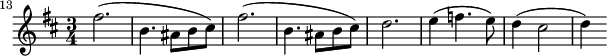 \relative c'' { \key b \minor \time 3/4 \clef treble \set Staff.midiInstrument = "oboe" \set Score.currentBarNumber = #13 \bar "" fis2.( | b,4. ais8 b cis) | fis2.( | b,4. ais8 b cis) | d2. | e4( f4. e8) | d4( cis2 | d4) }