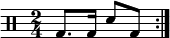 
    \new Staff << \relative c' { \clef percussion \time 2/4 \repeat volta 2 { g8. g16 d'8 g, } } >>
