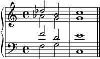 
   \new PianoStaff << \new Staff << \new Voice \relative c'' { \stemUp \clef treble \key c \major \time 4/4 des2 b c1 } \new Voice \relative c'' { \stemDown aes2 g g1 } >> \new Staff << \new Voice \relative c' { \stemUp \clef bass \key c \major \time 4/4 f2 d e1 } \new Voice \relative c' { \stemDown f,2 gc,1 \bar "||" } >> >>
