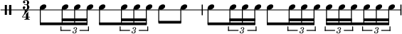 
  \new DrumStaff \with{ \override StaffSymbol.line-count = #1 drumStyleTable = #percussion-style } \drummode { \time 3/4 { \set Score.tempoHideNote = ##t \tempo 8 = 120 \set subdivideBeams = ##t \set baseMoment = #(ly:make-moment 1/8) \set beatStructure = #'(2 2 2) snare8 \tuplet 3/2 {snare16 snare16 snare16} snare8 \tuplet 3/2 {snare16 snare16 snare16} snare8 snare8 |スネア8 \連音 3/2 {スネア16 スネア16 スネア16} スネア8 \連音 3/2 {スネア16 スネア16 スネア16} \連音 3/2 {スネア16 スネア16 スネア16} \連音 3/2 {スネア16 スネア16 スネア16} } }
