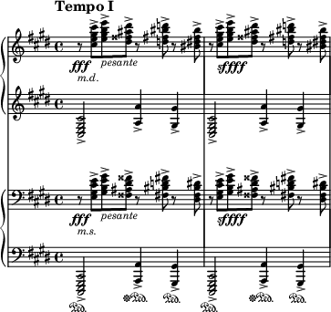 { #(set-global-staff-size 14) \new StaffGroup \with { \omit SystemStartBracket \override StaffGrouper.staffgroup-staff-spacing.basic-distance = #15 } << \new PianoStaff << \new Staff \with { \magnifyStaff #3/4 } << \relative c'' { \time 4/4 \clef treble \key cis \minor \tempo "Tempo I" \tempo 4 = 50 \set Staff.extraNatural = ##f r8\fff _\markup {\left-align \italic md} <cis e gis cis>-> <e gis b e>->_\markup { \italic pesante} <dis fisis ais dis>-> r <d fis bis d>-> r <bis dis fis bis>-> r <cis e gis cis>->_\markup {\dynamic sffff} <e gis b e>-> <dis fisis ais dis>-> r <d fis bis d>-> r <bis dis fis bis>->} >> \new Staff \with { \magnifyStaff #3/4 } << \relative c { \time 4/4 \clef treble \key cis \minor <cis e gis cis>2-> <a' a'>4-> <gis gis'>-> <cis, e gis cis>2-> <a' a'>4-> <gis gis'>->} >> >> \new PianoStaff << \new Staff \with { \magnifyStaff #3/4 } << \relative c { \time 4/4 \clef bass \key cis \minor \set Staff.extraNatural = ##f r8\fff _\markup {\left-align \italic ms} <e gis cis e>-> <gis be gis>->_\markup { \italic pesante} <fisis ais dis fisis>-> r <fis bis d fis>-> r <dis fis bis dis>-> r <e gis cis e>->_\markup {\dynamic sffff} <gis be gis>-> <fisis ais dis fisis>-> r <fis bis d fis>-> r <dis fis bis dis>->} >> \new Staff \with { \magnifyStaff #3/4 } << \relative c,, { \time 4/4 \clef based \key cis \minor <cis e gis cis>2->\sustainOn <a' a'>4-> \sustainOff \sustainOn <gis gis'>->\sustainOn <cis, e gis cis>2-> \sustainOn <a' a'>4->\sustainOff \sustainOn <gis gis'>->\sustainOn} >> >> >> }