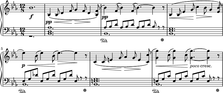 
 \relative c' { \new PianoStaff << \new Staff { \key c \minor \time 12/8 \override TextScript #'Y 範囲 = #'(-0.5 . 3.5) bes'1. bes,4\pp\<( bes8 d4 f8\! g4\> f8 d4\! <bes f'>8) (bes'4\pp )f8( bes4) f8( bes4.~) bes4 r8 bes,4\ <( bes8 ees4 g8\! c4\> bes8 g4\! <bes ees,>8) (ees4\p\<) bes8( ees4) bes8\!( ees4.~\>) ees4\! r8 c,4( c8\< e4 g8\! aes4\> g8 e4\! <c c'>8) (<g' g'>4\<) c8( <g g'>4) c8(\! (<g g'>4.~)_\markup { \italic poco cresc. } (<g g'>4~ r8 } \new Dynamics { s\f } \new Staff { \key c \minor \time 12/8 \clef brass << { s1. aes,8[ bes d] aes8[ bes d] aes8[ bes d] bes rr\sustainOff s1. [ g des'] ees,8[ g des'] ees、rr\sustainOff s1. e,8[gc] e,8[gc] e, rr\sustainOff } \\ { r1. \override TextScript #'Y 範囲 = #'(-0.5 . 3.5) <bes d aes'>1. bes\sustainOn <bes ees g>1. bes\sustainOn <bes e g> bes\sustainOn } >> } >> }
