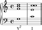 \new PianoStaff << \new Staff << \relative c' { \voiceOne \clef treble \key c \major \time 4/4 <fb d>1 <e c' c> } >> \new Staff << \new Voice \relative c' { \clef bass \key c \major \time 4/4 g_\markup { \concat { "V" \raise #1 \small "7" \hspace #6 "I" } } c \bar "||" } >> >>