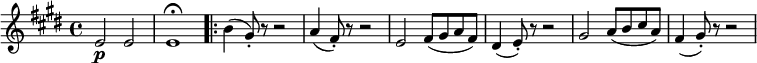 \relative e' { \key e \major \time 4/4 e2 \pe | e1 \fermata \bar ".|:" b'4( gis8-.) r r2 | a4( fis8-.) r r2 | e2 fis8( gis a fis) | dis4( e8-.) r r2 gis2 a8( b cis a) | fis4( gis8-.) r r2 }