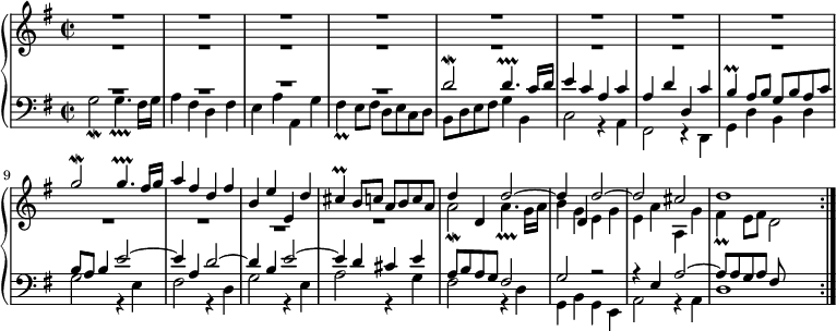 \new PianoStaff << \new Staff << \new Voice \relative c''' { \key g \major \time 2/2 \voiceOne R1*8 | g2\mordent g4.\prallprall fis16 g | a4 fis d fis | b,4 ee, d' | cis4\prall b8 cabca | d4 d, d'2~ | d4 d, d'2~ | d2 cis | d1 | \bar ":|." } \new Voice \relative c'' { \voiceTwo R1*10 | \once \override MultiMeasureRest.staff-position = -8 R1 | R1 | a2\mordent a4.\prallprall g16 a | b4 geg | e4 aa, g' | fis4\prall e8 fis d2 | } >> \new Staff << \new Voice \relative c' { \key g \major \clef bass \voiceOne \override MultiMeasureRest.staff-position = 4 R1*2 | \override MultiMeasureRest.staff-position = 6 R1 | \override MultiMeasureRest.staff-position = 4 R1 | d2\mordent d4.\prallprall c16 d | e4 cac | a4 dd, c' | b4\prall a8 bgbac | b8 a b4 e2~ | e4 a, d2~ | d4 b e2~ | e4 d cis e | a,8 bag fis2 | g2 r | r4 e a2~ | a8 aga fis | } \new Voice \relative c' { \voiceTwo g2\mordent g4.\prallprall fis16 g | a4 フィス d フィス | e4 aa、g' | fis4\prall e8 fis decd | b8 デフィス g4 b、 | c2r4a |フィス2r4d | g4 d' bd | g2 r4 e |フィス2r4d | g2 r4 e | a2r4g |フィス2r4d | g,4 bge | a2 r4 a | d1 | } >> >>