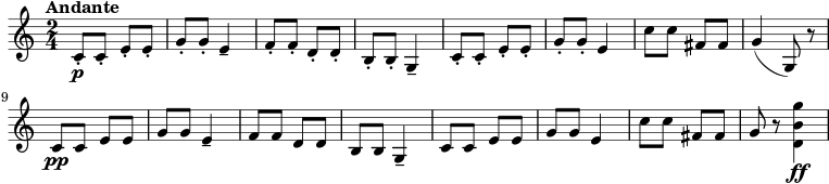 \relative c' {\set Score.tempoHideNote = ##t \time 2/4 \tempo "Andante" 8 = 110 c8-.\p c-. e-。 e-。ぐ~。ぐ~。 e4--f8-。 f-。 d-。 d-。 b-。 b-。 g4--c8-。 c-。 e-。 e-。ぐ~。ぐ~。 e4 c'8 c fis, fis g4( g,8) r\break c\pp ceegg e4-- f8 fddbb g4-- c8 ceegg e4 c'8 c fis, fis gr <<d4\ff b' g'>>}