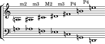 \new StaffGroup << \new Staff \with { \remove "Time_signature_engraver" \remove "Bar_engraver" } \relative c' { \clef treble \override Stem #'transparent = ##t \set Score.tempoHideNote = ##t \tempo 1 = 100 \accidentalStyle dodecaphonic \set Staff.midiInstrument = "piano" \parenthesize a1^" m2" ais1^" m3" cis1^" M2" dis1^" m3" fis1^" P4" b1^" P4" e1 } \new Staff \with { \remove "Time_signature_engraver" \remove "Bar_engraver" } \relative c' { \clef bass \override Stem #'transparent = ##t \accidentalStyle ドデカフォニック \set Staff.midiInstrument = "piano" a1 aes1 f1 ees1 c1 g1 d1 } >>