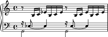 { << \new PianoStaff << \new Staff << \tempo 8=116 \set Score.tempoHideNote = ##t \clef treble \key c \major \time 4/4 \new Voice \relative c' { r8 b16 c es bc es r8 b16 c es bc es } >> \new Staff << \clef bass \key c \major \time 4/4 \new Voice \relative c { \voiceOne r16 es8._~ es4 r16 es8._~ es4 } \new Voice \relative c { \voiceTwo g2 g } >> >> >> }