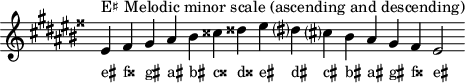 \header { tagline = ##f } scale = \relative c' { \accidentalStyle modern \key eis \minor \omit Score.TimeSignature eis^"E♯ メロディックマイナースケール(上昇と下降)" fisis gis ais bis cisis disis eis dis? cis? bis ais gis fisis eis2 } \score { { << \cadenzaOn \scale \context NoteNames \scale >> } \layout { } \midi { } }