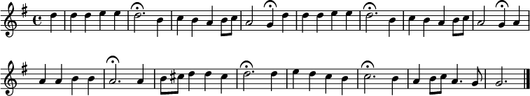 \new Staff << \clef treble \new Voice = "Soprano" { \key g \major \tempo 4=108 \set Staff.midiInstrument = "oboe" { \set Score.tempoHideNote = ##t \override Score.BarNumber #'transparent = ##t \time 4/4 \relative c'' { \partial 4 d | d4ディー | d2.\フェルマータ b4 | cba b8 c | a2 g4\フェルマータ } \relative c'' { \partial 4 d | d4ディー | d2.\フェルマータ b4 | cba b8 c | a2 g4\フェルマータ } \relative c'' { a4 |あーぶ | a2.\フェルマータ a4 | b8 シス d4 d シス | d2.\フェルマータ d4 | edcb | c2.\フェルマータ b4 | a b8 c a4。 g8 | g2。 \bar "|." } } } >>