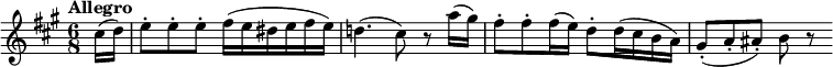 \new Score { \new Staff = "clarinet" { \transpose ca \relative c' { \set Staff.midiInstrument = #"clarinet" \clef treble \key c \major \time 6/8 \tempo "Allegro" \set Score.tempoHideNote = ##t \tempo 8 = 240 \partial 16*2 e16( f) | g8-. g-. g-. a16( g fis gag) | f!4.( e8) r c'16( b) | a8-. a-. a16( g) f8-. f16( edc) | b8-.( c-. cis-.) dr } } }