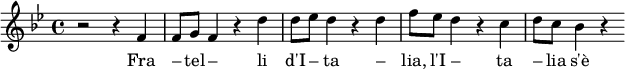 \relative f' { \clef treble \time 4/4 \key bes \major r2 r4 f4 f8 g8 f4 r4 d'4 d8 ees8 d4 r4 d4 f8 ees8 d4 r4 c4 d8 c8 bes4 r4 } \addlyrics { Fra – tel – li d'I – ta – lia、l'I – ta – lia s'è de – sta }