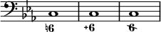 { \override Score.TimeSignature #'stencil = ##f \time 4/4 \key c \minor \clef bass << { c1 cc } \figures { < 6! >1 < 6\+ > <6\\> } >> }