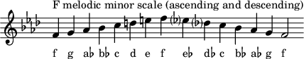\header { tagline = ##f } scale = \relative c' { \key f \minor \omit Score.TimeSignature f^"F メロディックマイナースケール (上昇および下降)" g aes bes cdef es? des? c bes aes g f2 } \score { { << \cadenzaOn \scale \context NoteNames \scale >> } \layout { } \midi { } }