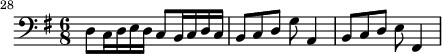 { #(set-global-staff-size 18) \set Score.currentBarNumber = #28 \bar "" \key g \major \time 6/8 \relative c { \clef bass d8 c16 ded c8 b16 cdc b8 cdga,4 b8 cde fis,4 } }
