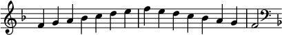 { \omit Score.TimeSignature \relative c' { \key f \major \time 7/4 fga bes cdefedc bes ag f2 \clef F \key f \major } }