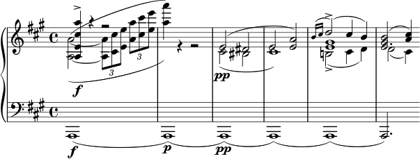 \new PianoStaff << \new Staff = "r" << \clef "violin" \key a \major \new Voice { \voiceOne \relative { < a e' cis' a' >4\f\accent r r2 s1 e'2( dis e2 < ea >) << { \grace { b'16( cis } d2\accent )( cis4 b) } \\ gis1 e >> << e2. { <gis b>2( <a cis>4) } >> } } \new Voice { \voiceTwo \relative { <a~ a'~>2^(_( \tuplet 3/2 { <a a'>8 <cis cis'> <e e'> } \tuplet 3/2 { < a a'> <cis cis'> <e e'> } <a a'>4)) r r2 cis,,2\pp( bis cis1) b!2\accent( cis4 d) d2( cis4) } } >> \new Staff = "l" << \clef "bass" \key a \major \new Voice { \relative { a,,1\f( a\p)( a\pp) ( a) ( a) ( a2.) } } >> >>
