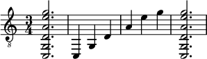 { \clef "treble_8" \time 3/4 <c, g, da e' g'>2. <c, >4 <g, >4 <d >4 <a >4 <e' >4 <g' >4 <c, g, da e' g'>2. }