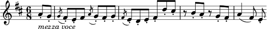 \relative a' { \key d \major \time 6/8 \partial 4 a8-。 _\markup { \italic "mezza voce" } g-. \acciaccatura g8 fis-。 e-。これは \acciaccatura a g- です。フィス~。ぐ~。 \acciaccatura fis8 e-。 d-。 e-。フィス~。だ~。シス-。 r8 b-。あ~。 r g-。フィス~。 a4(fis8)e-。 }
