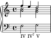 { \override Score.SpacingSpanner.strict-note-spacing = ##t \set Score.proportionalNotationDuration = #(ly:make-moment 1/6) \new PianoStaff << \new Staff << \new Voice \relative c'' { \stemUp \clef treble \key c \major \time 4/4 f4 e d2 } \new Voice \relative c'' { \stemDown <a c>2 <g b> } >> \new Staff << \relative c { \clef bass \key c \major \time 4/4 f2_\markup { \concat { "IV" \hspace #1 "IV" \super \column { "7" } \hspace #1 "V" } } g } >> >> }