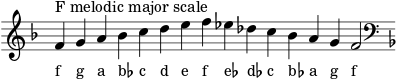  \header { tagline = ##f } scale = \relative f' { \key f \major \omit Score.TimeSignature f^"F メロディック長音階" ga bes cdef es des c bes ag f2 \clef F \key f \major } \score { { << \cadenzaOn \scale \context NoteNames \scale >> } \layout { } \midi { } } 