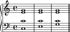 { \new PianoStaff << \new Staff << \new Voice \relative c'' { \stemUp \clef treble \key c \major \time 4/4 g1 gg } \new Voice \relative c' { \stemDown e1 ee } >> \new Staff << \new Voice \relative c' { \stemUp \clef bass \key c \major \time 4/4 c1 cc } \new Voice \relative c { \stemDown c1 eg \bar "||" } >> >> }