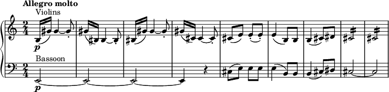 {\new PianoStaff {<<\new Staff \relative c'{\set Staff.midiInstrument=#"string ensemble 1" \time 2/4 \tempo "Allegro molto" \clef treble ^"Violins" |(b16\p[gis'16)] 4~ 8-.|gis16[(bis,16]) 4~ 8-.|bis16[(gis'16)] 4~ 8-.|gis16[(cis,16]) 4~ 8-.|cis8[(e8)] 8-. ( 8-.)|4(b8) 8|4(cis8)[dis8]|cis2:16|2:16|} \new Staff \relative c'{\set Staff.midiInstrument=#"bassoon" \time 2/4 \clef bass ^"Fassoon" |e,,2~\p|2~|2~|4 r4|cis'8[(e8)] 8 8|4(b8) 8|4(cis8)[dis8]|cis2~|2|}>>}}