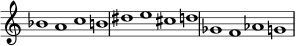  { #(set-global-staff-size 17.5) \override Score.TimeSignature #'stencil = ##f \override Score.SpacingSpanner.strict-note-spacing = ##t \set Score.proportionalNotationDuration = #(ly:make-moment 3/1) \relative c'' { \time 4/1 \set Score.tempoHideNote = ##t \tempo 1 = 60 bes1 acb! dis e cis d ges, f aes g } } 