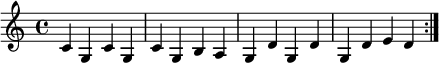 \relative c' \repeat volta 2{ cgcgcgbag d' g, d' g, d' ed}