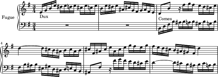 \version "2.18.2" \header { tagline = ##f } Dux = { e16_\markup{Dux} gbe dis ede cis ece | be dis e ais, cis g fis g ais fis e } ContreSujet = { d8 b' r16 fis'16 g fis ed cis e d4~ d16 cis b ais b cis ais b } Comes = { b16^\markup{Comes} d fis b ais bab gis bgb fis b ais b eis, gis d cis de cis b } upper = \relative c' { \clef treble \key e \minor \time 3/4 \tempo 4 = 126 \set Staff.midiInstrument = #"harpsichord" %% FUGUE CBT I-10, BWV 855, mi minur \Dux \ContreSujet cis16 fis, ais cis e ais, cis eg fis eg fis ed cis b ais gis fis d'4~ } lower = \relative c { \clef bass \key e \minor \time 3/4 \set Staff.midiInstrument = #"harpsichord" R2.*2 \Comes ais8 fis' r16 fis'16 g fis ed cis e d4~ d16 cis b ais b cis ab } \score { \new PianoStaff << \set PianoStaff.instrumentName = #"Fugue" \new Staff = "upper" \upper \new Staff = "lower" \lower >> \layout { \context { \Score \remove "Metronome_mark_engraver" } } \midi { } }