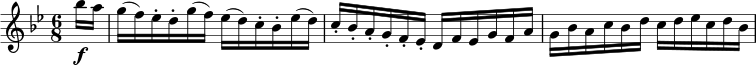 \relative bes'' { \key bes \major \time 6/8 \partial 8 bes16 \fa | g( f) es-. d-. g( f) es( d) c-. bes-. es( d) c-. bes-. a-. g-. f-. es-. df es gfa | g bes ac bes dcd es cd bes }
