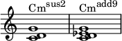 { \override Score.TimeSignature #'stencil = ##f \relative c' { \clef treble \time 4/4 \textLengthOn <cd g>1^\markup { \concat { "Cm" \raise #1 \small "sus2" } } <cd es g>^\markup { \concat { "Cm" \raise #1 \small "add9" } } } }